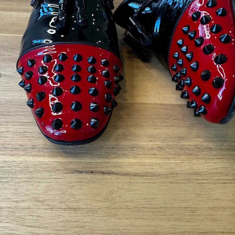 Vercini Men EU 43 Black Red Studded Spiked Patent Leather Loafers Tassel Shoes